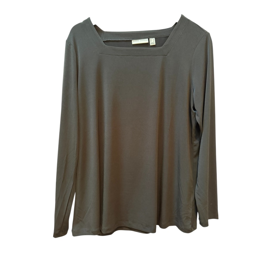 Susan Graver Long Sleeve Square Neck Top Black Lagenlook Basic Size‎ L